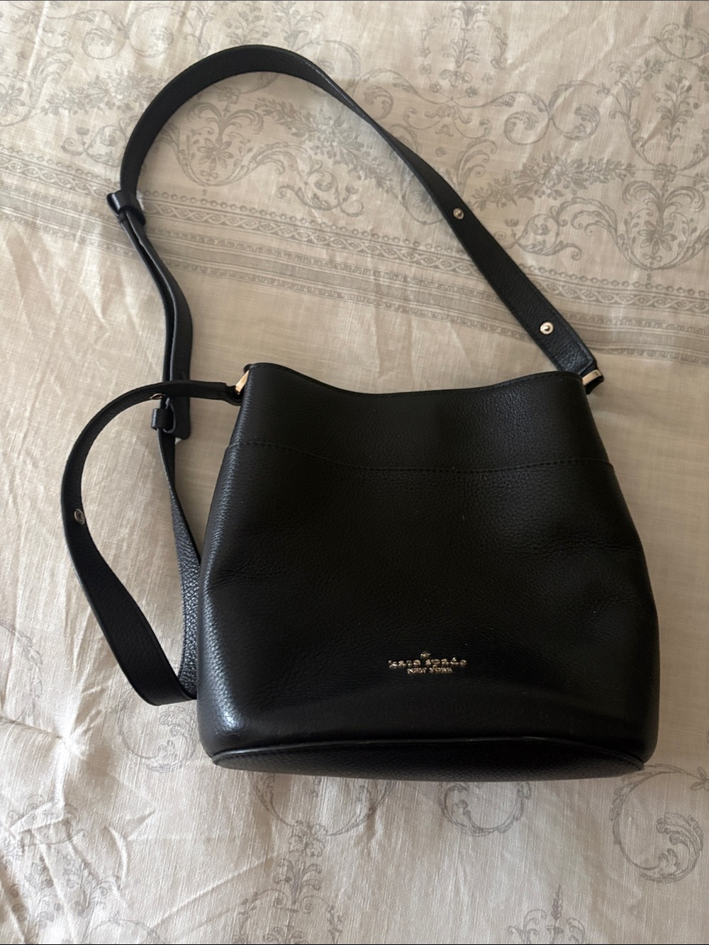 kate spade Black Pebbled Leather Bucket Shoulder Bag with Gold Logo
